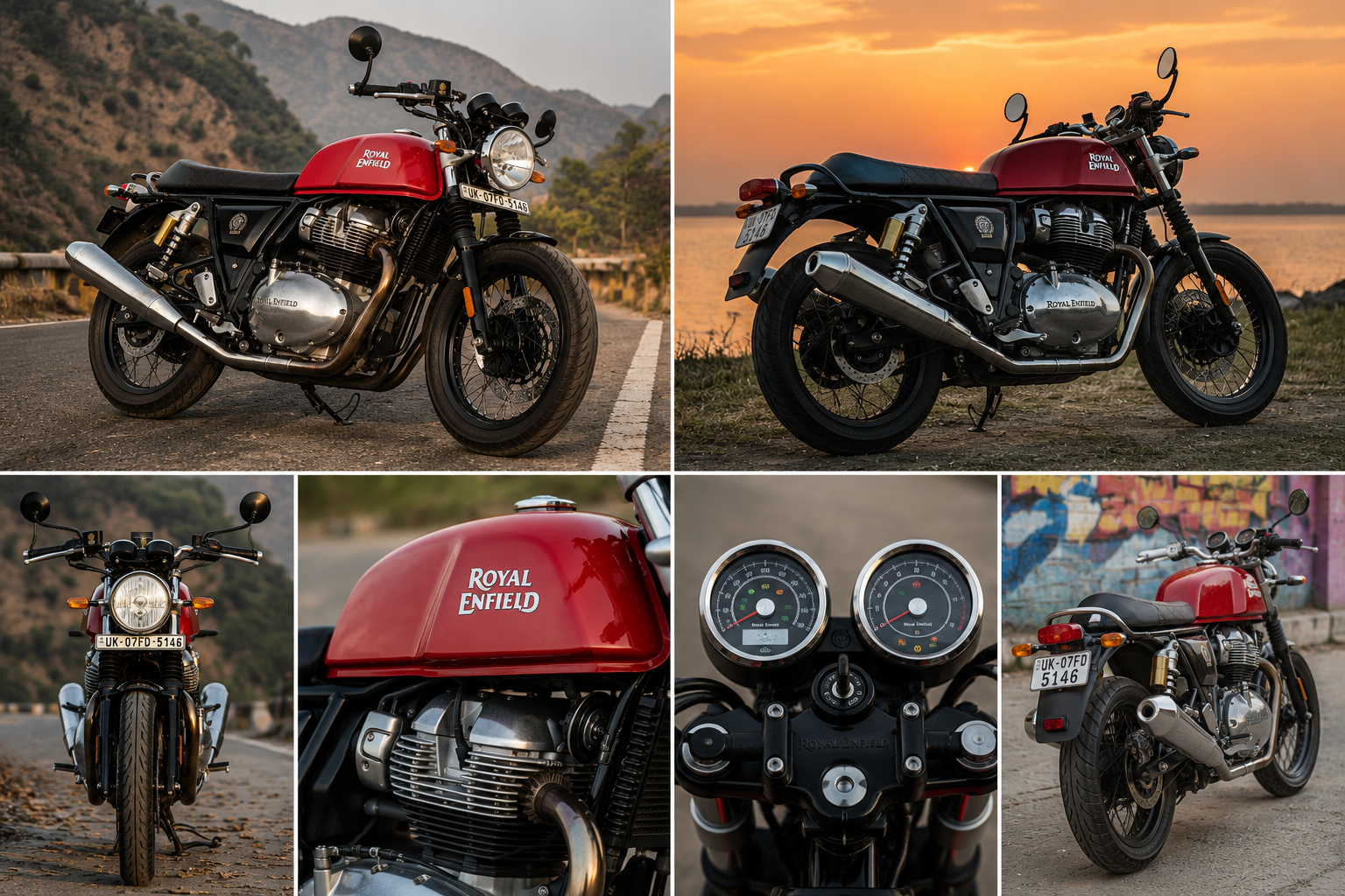 Royal Enfield Continental GT 650 Red Rooster collage with multiple detailed views.