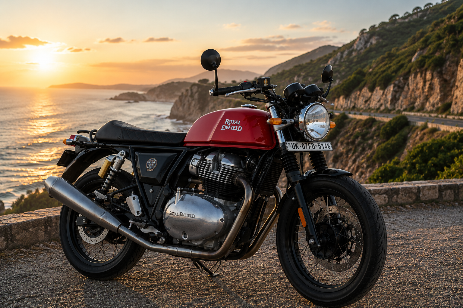Red Royal Enfield Continental GT 650 Red Rooster on a coastal cliff at sunset.