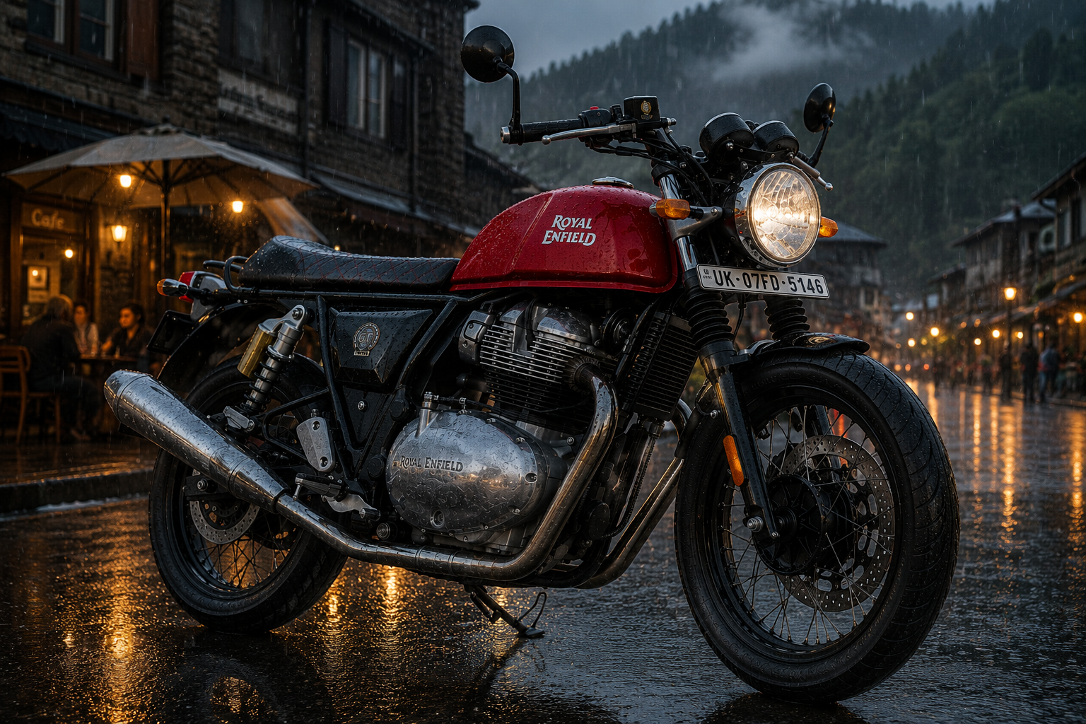 Red Royal Enfield Continental GT 650 Red Rooster parked in the rain.