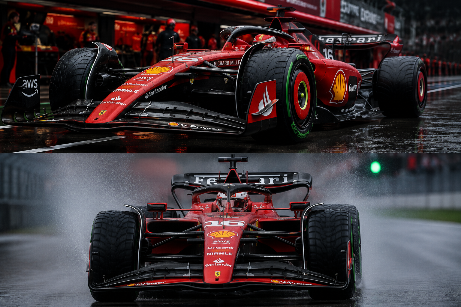Ferrari Formula 1 race car on a wet racetrack.
