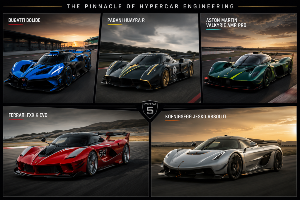 Collage featuring the Bugatti Bolide, Pagani Huayra R, Aston Martin Valkyrie AMR Pro, Ferrari FXX K Evo, and Koenigsegg Jesko Absolut in a premium hypercar display frame.
