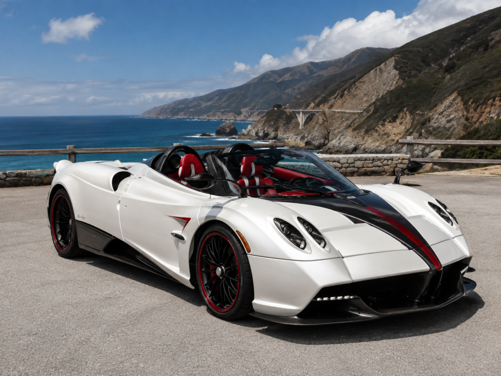 White Pagani Huayra Roadster with red accents overlooking a breathtaking coastal cliff highway.