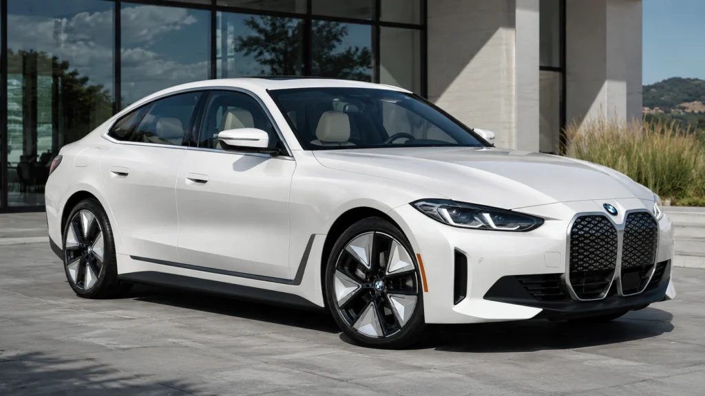 White BMW i4 parked outside a modern luxury building.