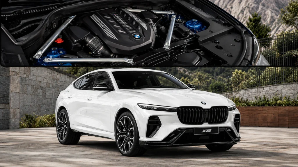 BMW X6 white SUV with powerful engine view