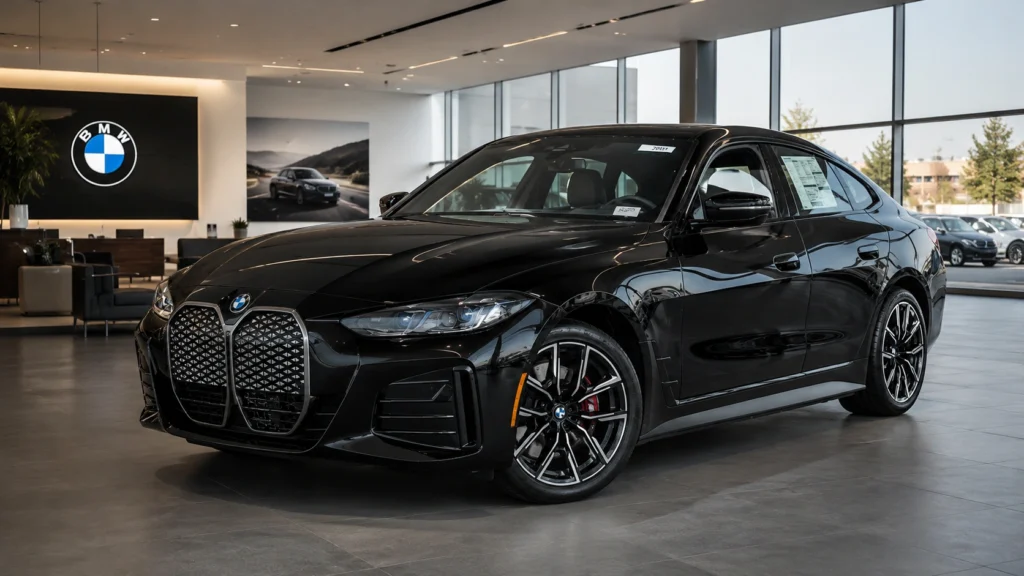 BMW i4 in Black Sapphire at a luxury BMW showroom