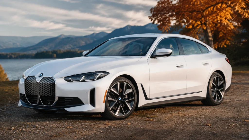 White BMW i4 parked beside a scenic mountain lake at sunset.