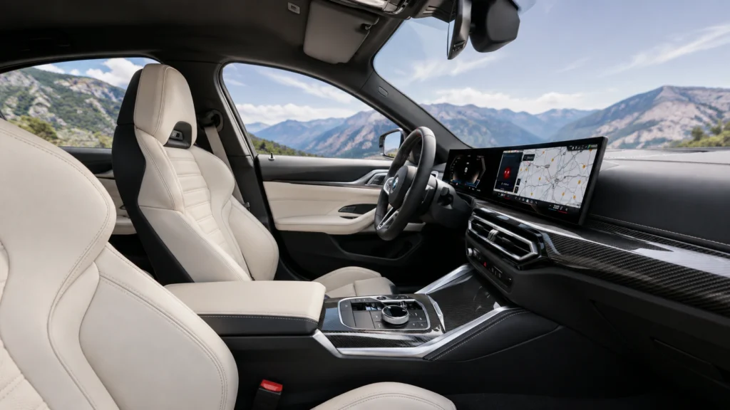 Luxury BMW i4 interior with leather seats and modern dashboard.