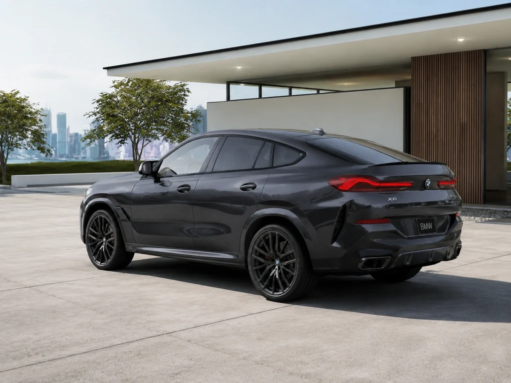 BMW X6 black SUV rear three-quarter view