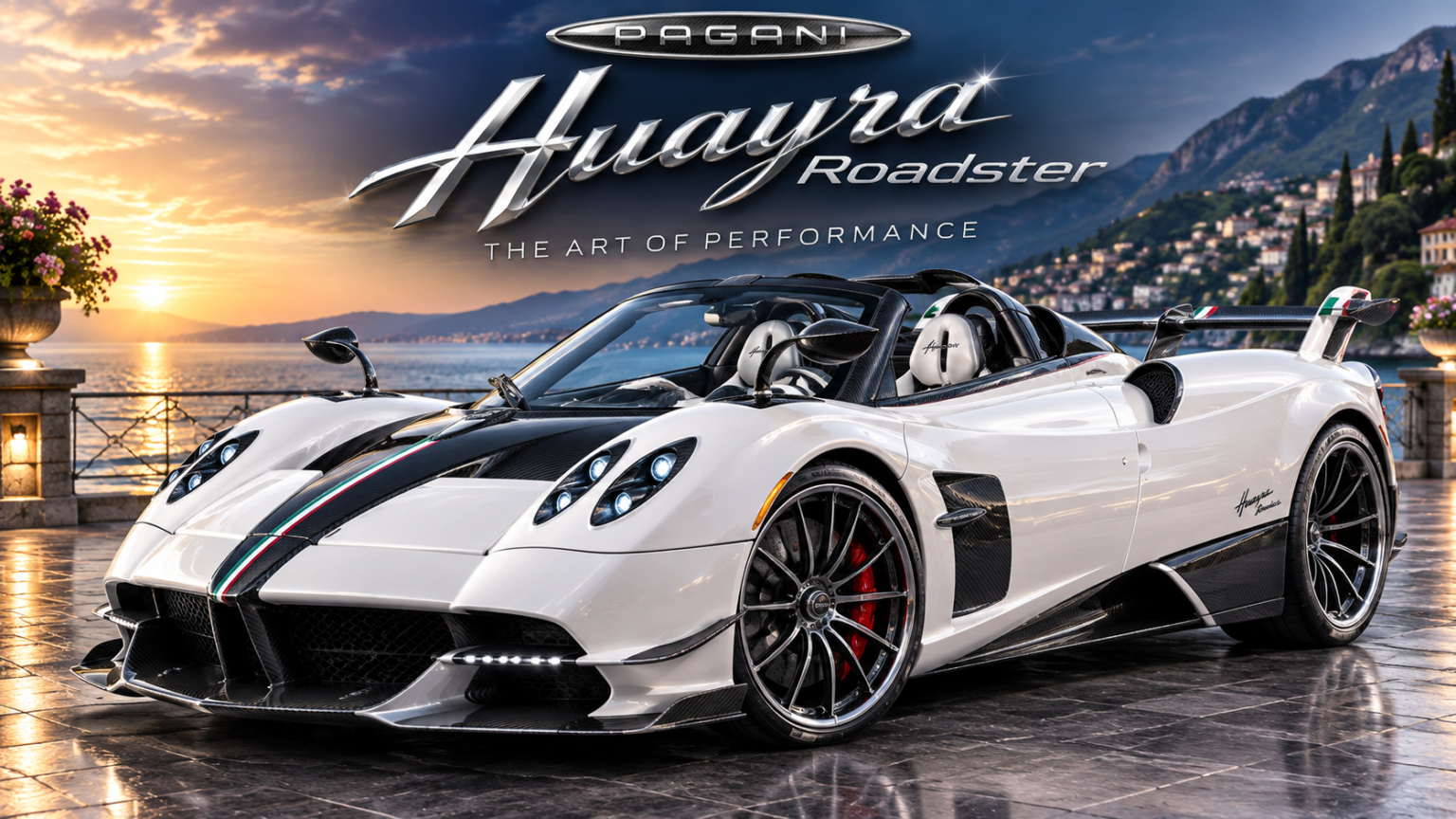 White Pagani Huayra Roadster parked beside a scenic mountain lake at sunset, showcasing luxury design and carbon fiber details.