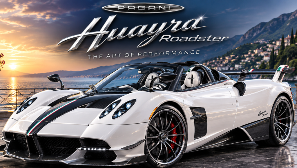 White Pagani Huayra Roadster parked beside a scenic mountain lake at sunset, showcasing luxury design and carbon fiber details.