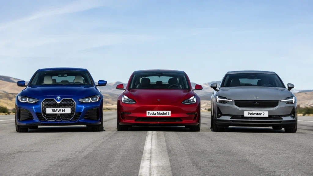BMW i4, Tesla Model 3, and Polestar 2 compared side by side on a scenic road.
