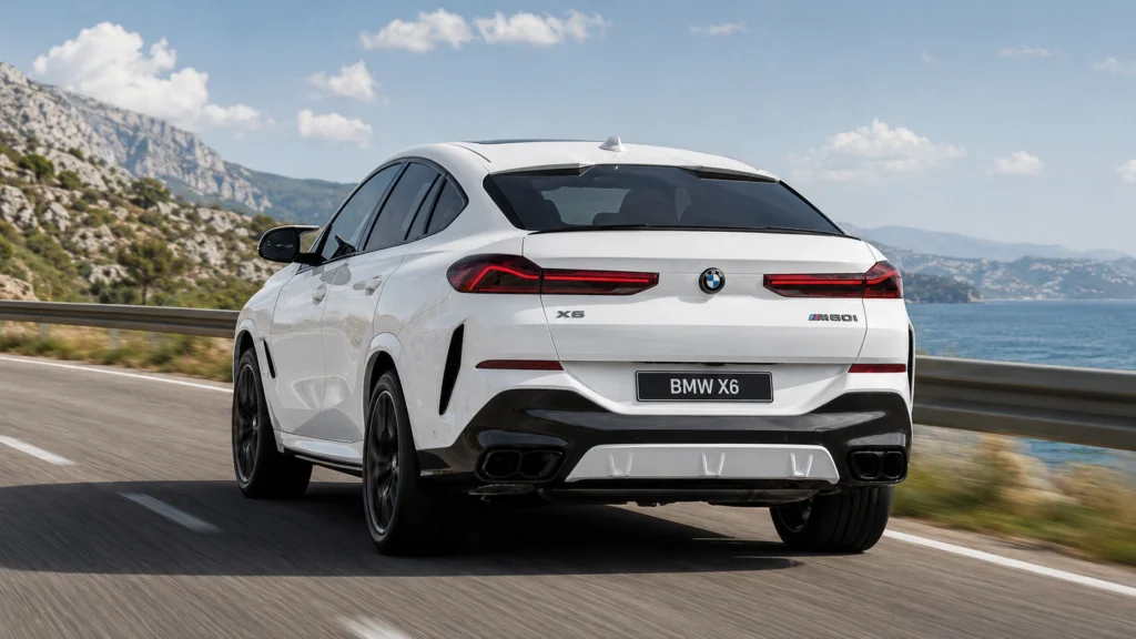 White BMW X6 M60i driving on a coastal road