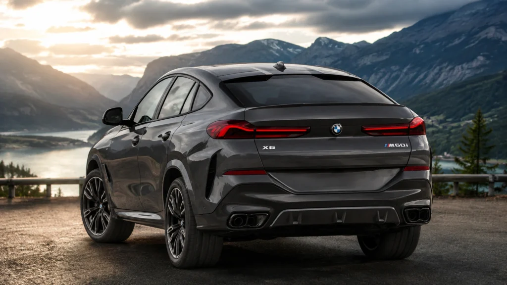 BMW X6 M60i in dark gray on a scenic mountain road
