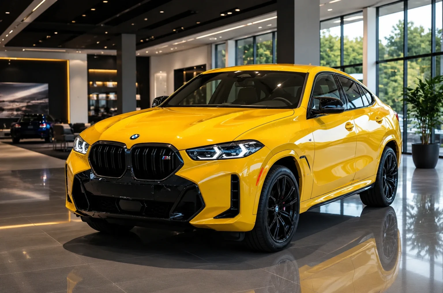 Yellow BMW X6 M60i in luxury showroom