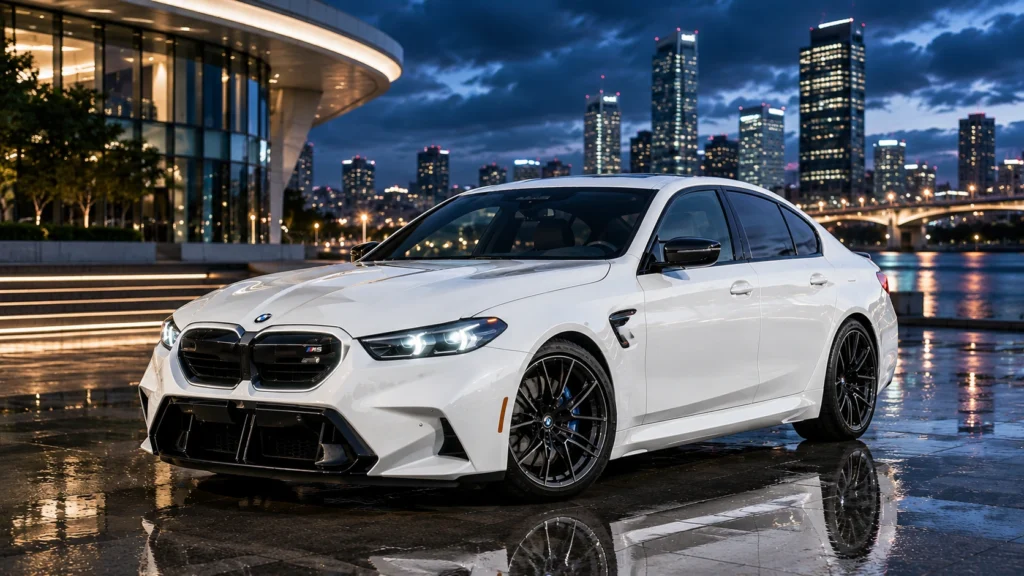 White BMW M5 parked on a wet city street at night