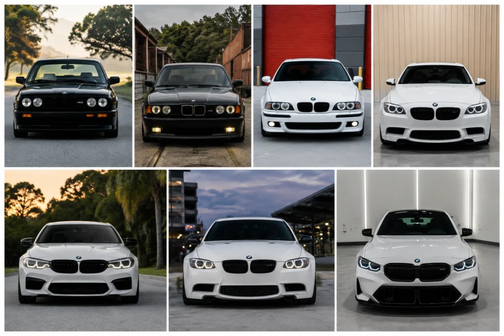 BMW M5 generations lineup showcasing classic and modern performance sedans in a realistic seven-panel collage.