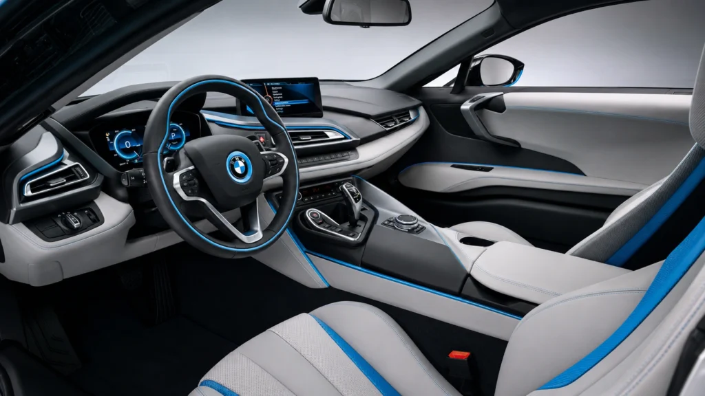 Futuristic BMW cockpit with blue accents