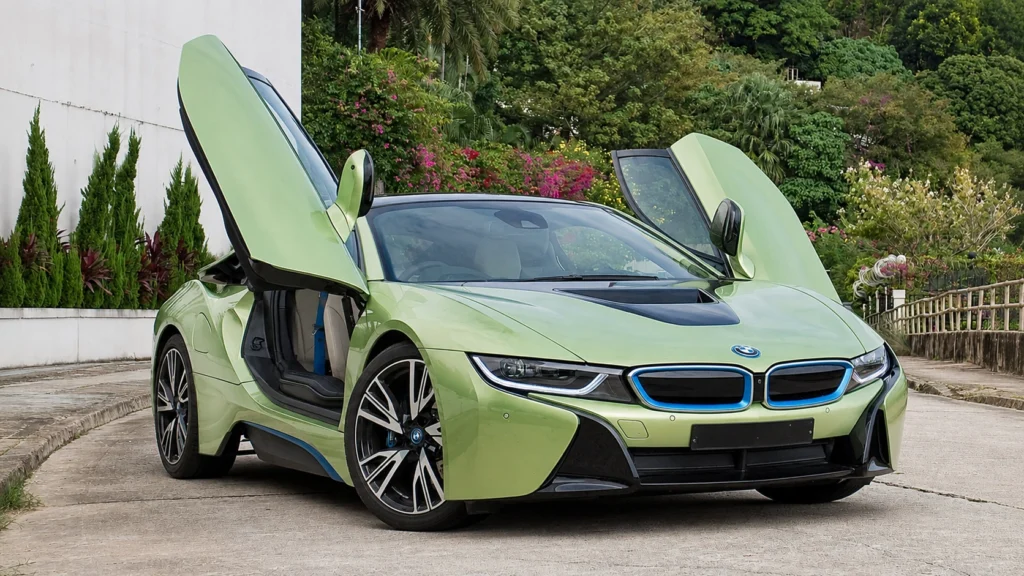 Lime Green BMW i8 in Blooming Garden