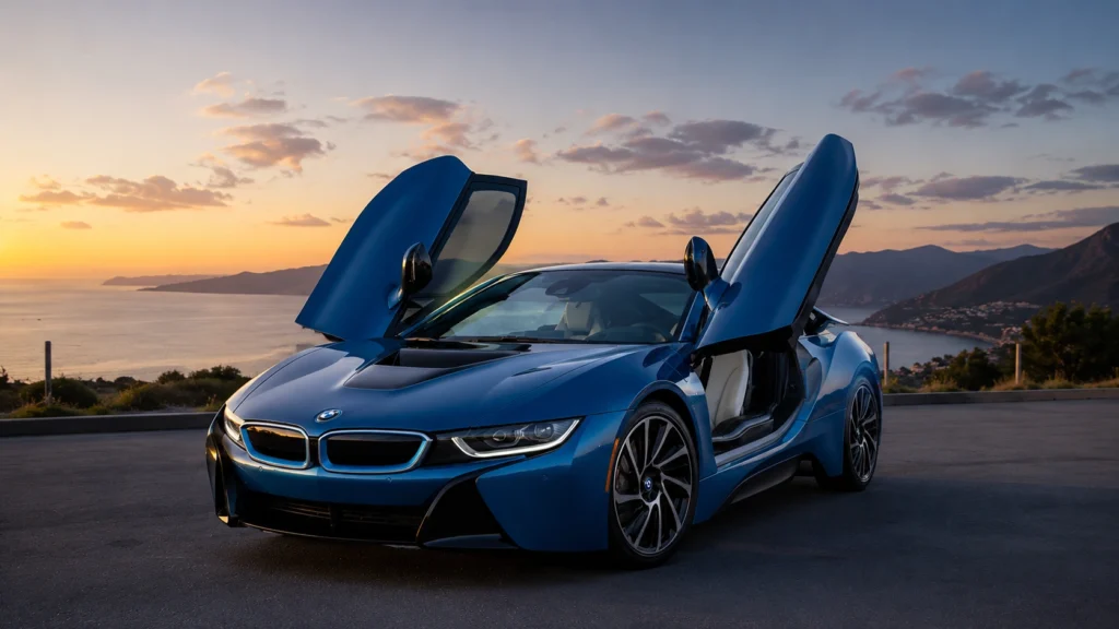 BMW i8 at a Coastal Sunset