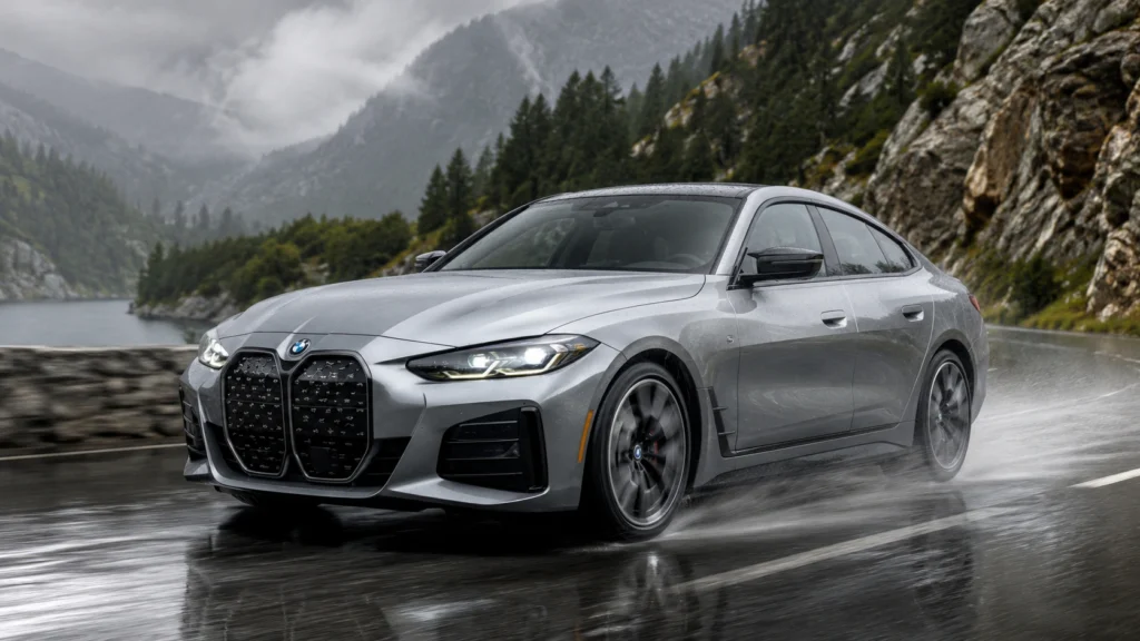 Silver BMW 4 Series driving on a rainy mountain road.