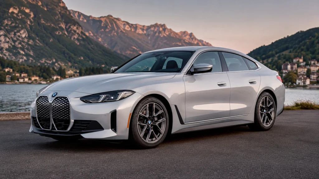 Silver BMW i4 parked beside a scenic mountain lake.