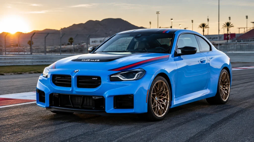 Blue BMW M2 sports car on a race track at sunset