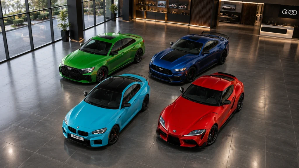 BMW M2, Audi RS3, Toyota GR Supra, and Ford Mustang Dark Horse cars displayed in a luxury car showroom.