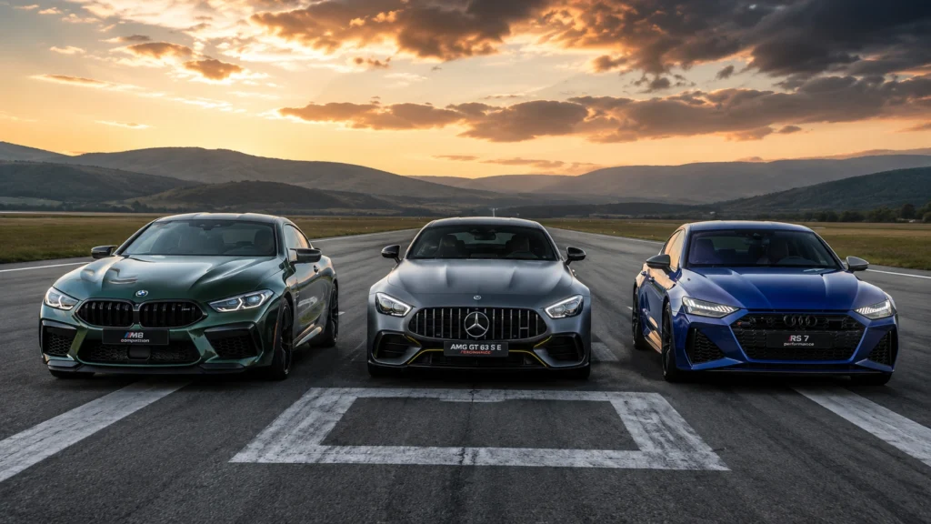 BMW M8 vs Mercedes-AMG GT 63 S E Performance vs Audi RS 7 Performance