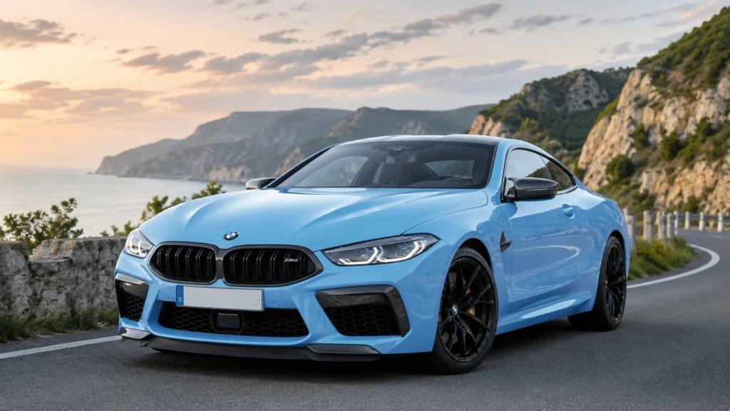 BMW M8 in light blue on a scenic mountain road
