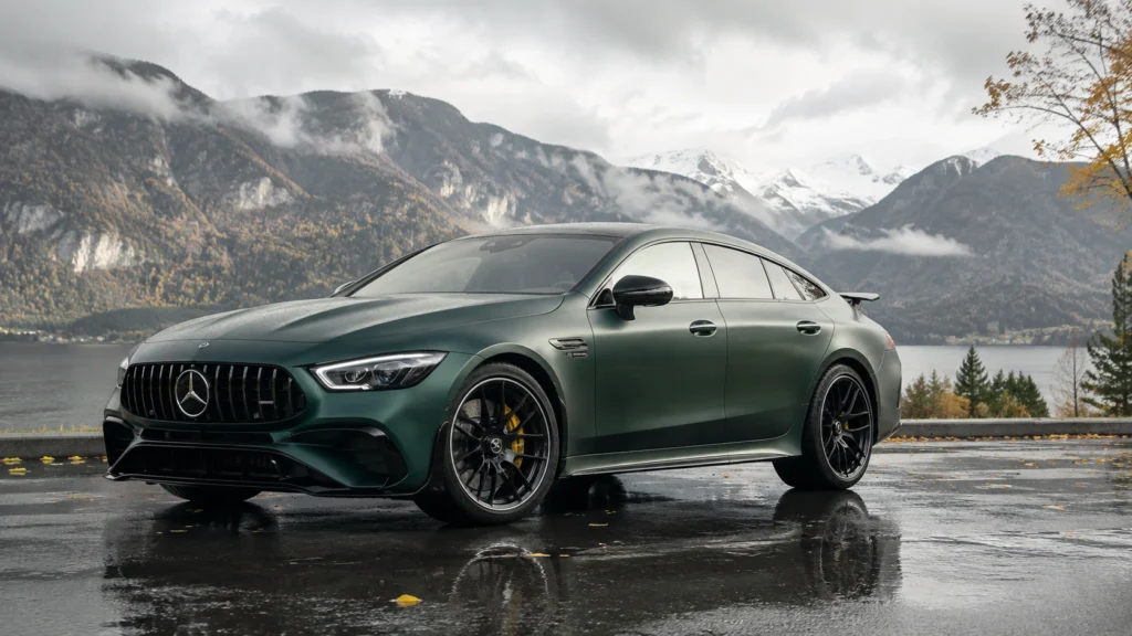 2026 Mercedes-AMG GT 63 4MATIC+ in dark green parked on a wet road with mountain scenery