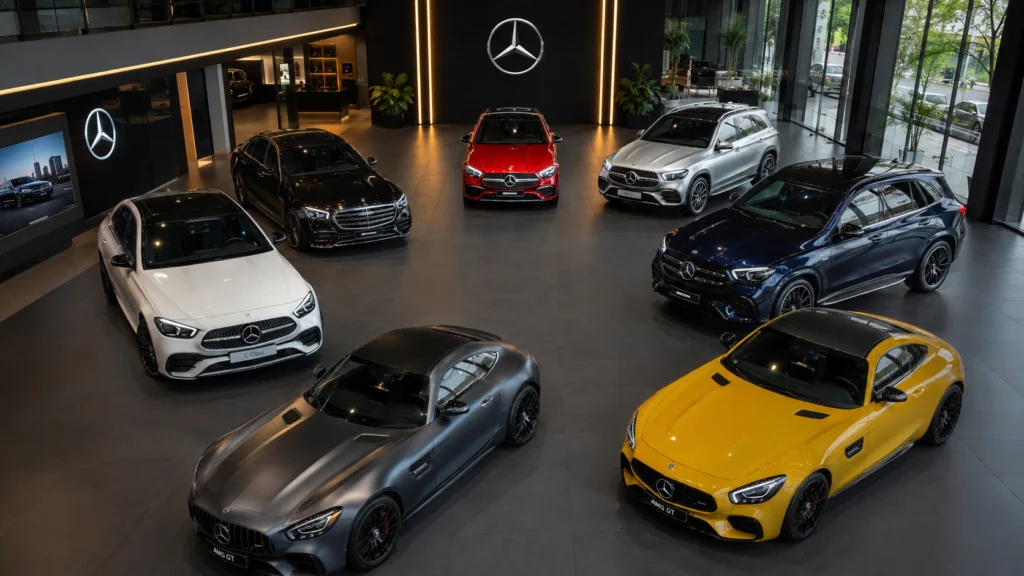 Mercedes-Benz cars displayed in a luxury showroom