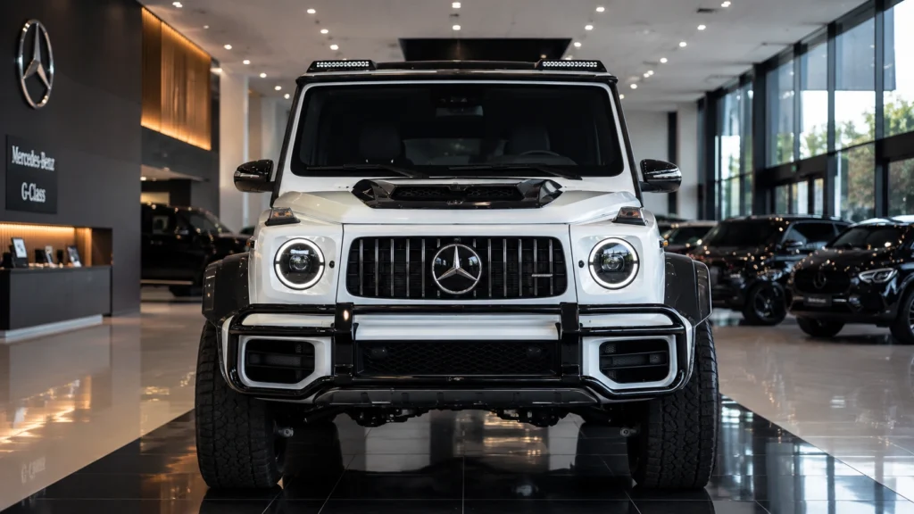 2026 Mercedes-Benz G-Class front view in a luxury showroom