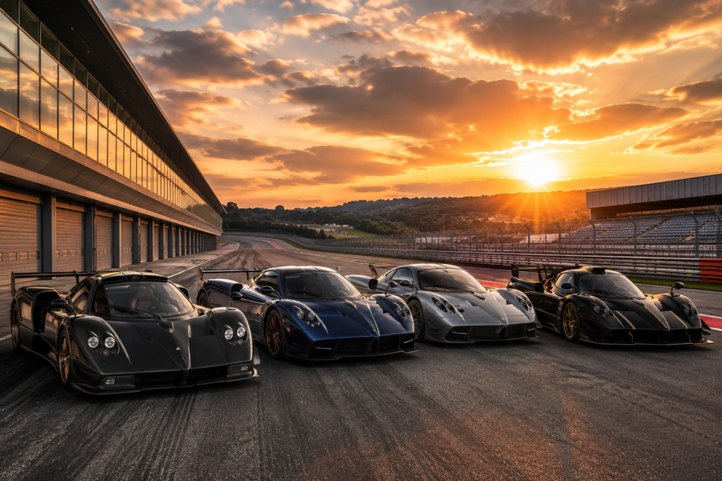 Pagani Zonda, Huayra, Utopia, and Imola lineup at racetrack