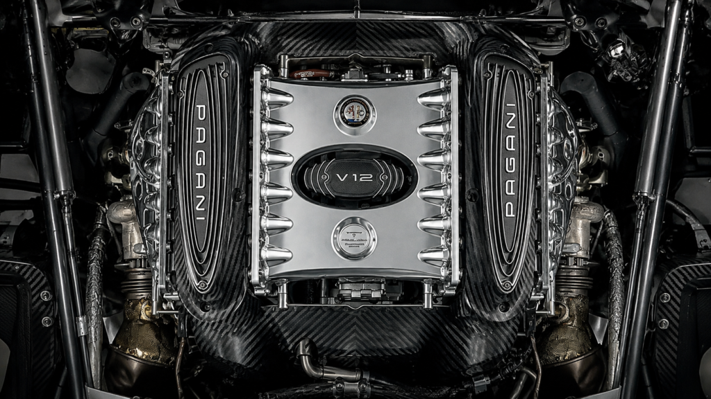 Pagani V12 engine with exposed carbon fiber.