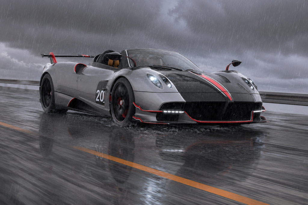Pagani Huayra Roadster speeding through heavy rain on a wet highway with dramatic storm clouds.