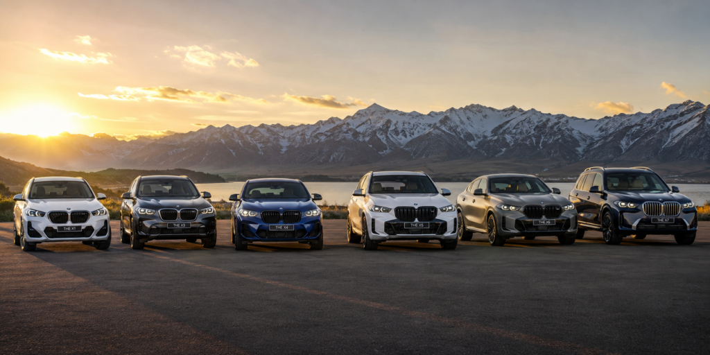 BMW X1 X3 X4 X5 X6 X7 lineup with scenic mountain background