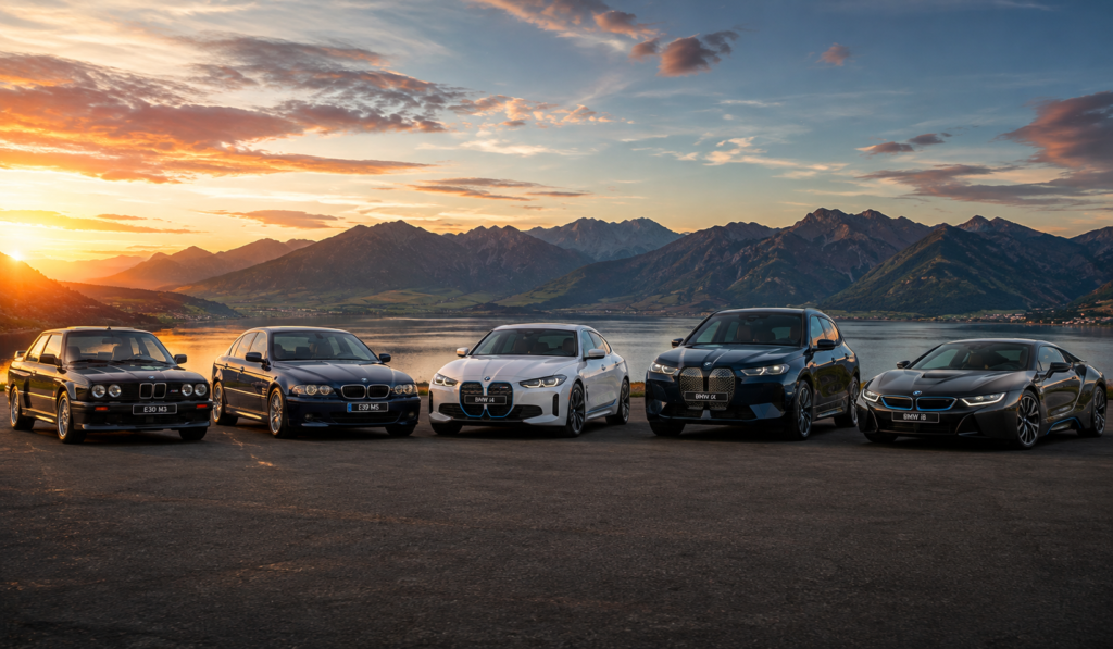 BMW E30 M3 E39 M5 BMW i4 iX i8 lineup with beautiful landscape
