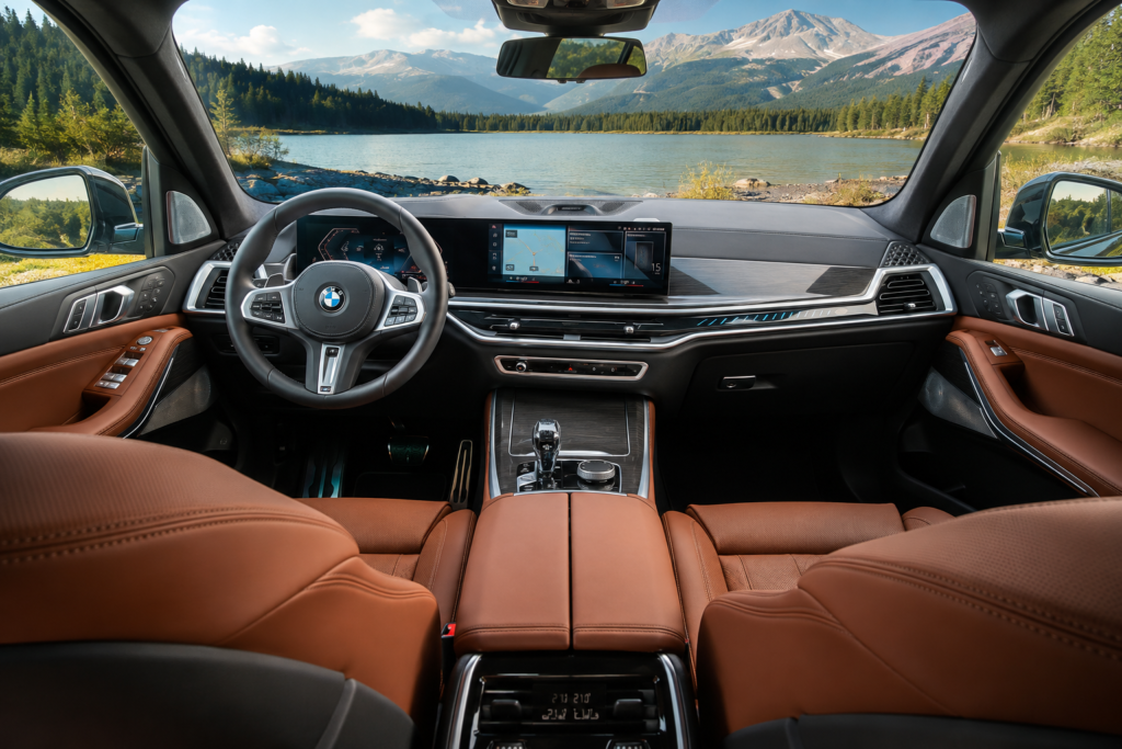 BMW X7 luxury interior with panoramic view and premium cabin