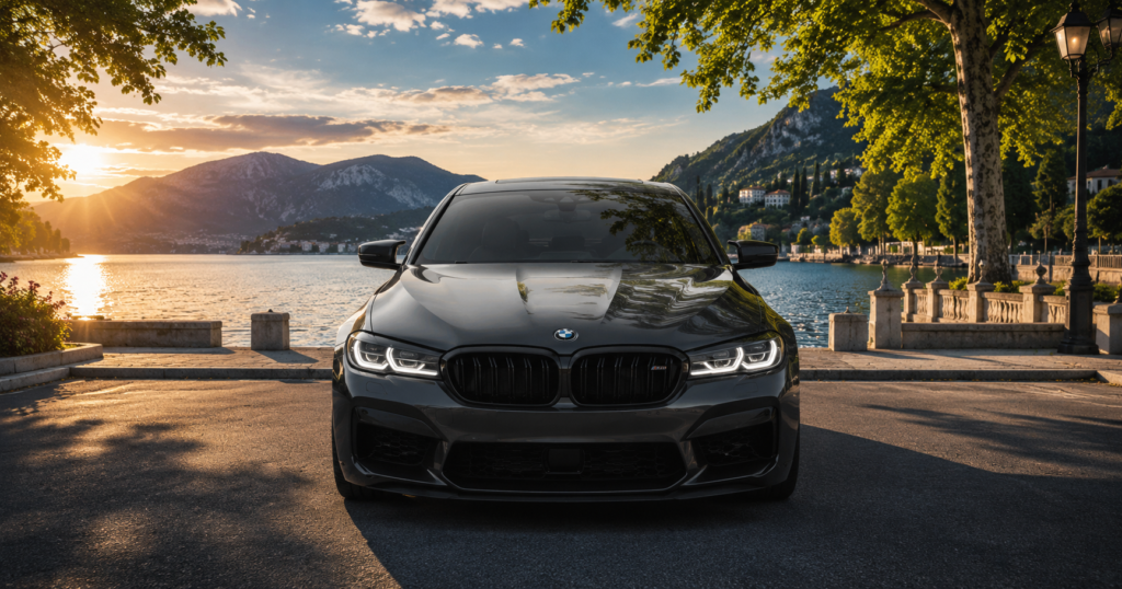 M5 luxury sports sedan with beautiful mountain sunset background