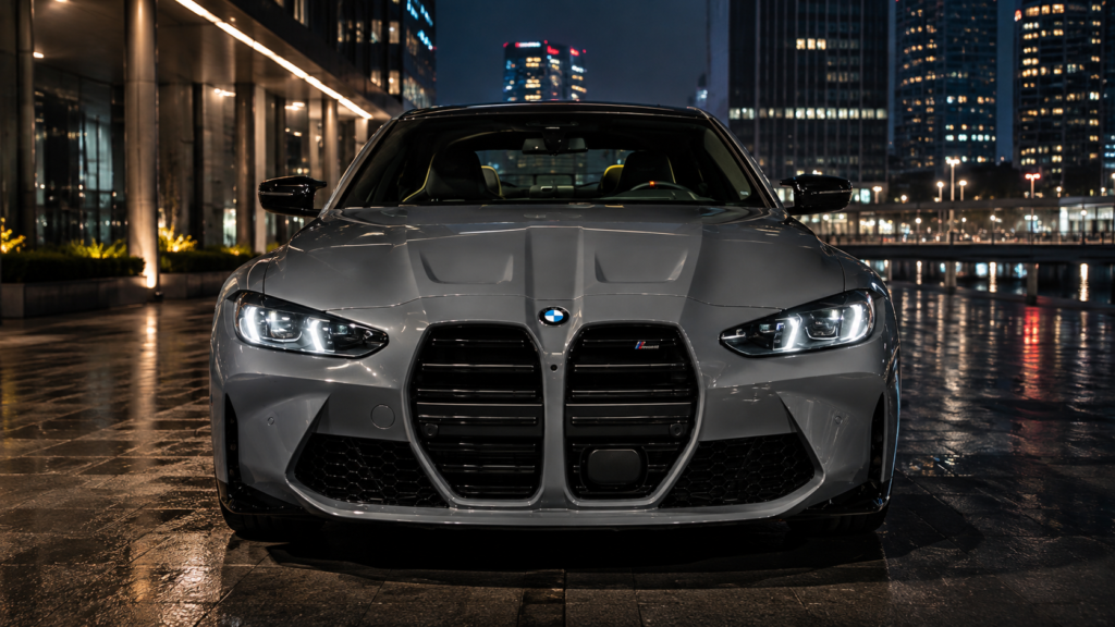 Gray BMW M4 front view with LED headlights in modern city at night