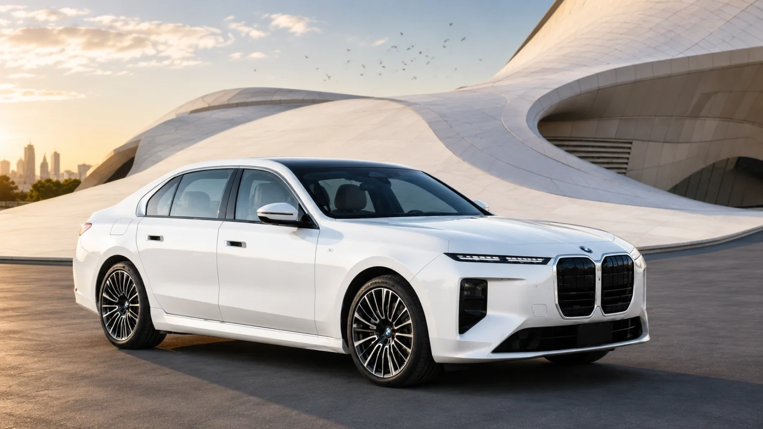 BMW i7 luxury electric sedan with modern architecture background