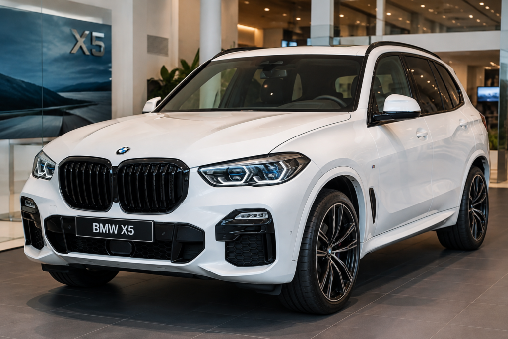 White BMW X5 luxury SUV in a modern showroom with premium design and LED headlights
