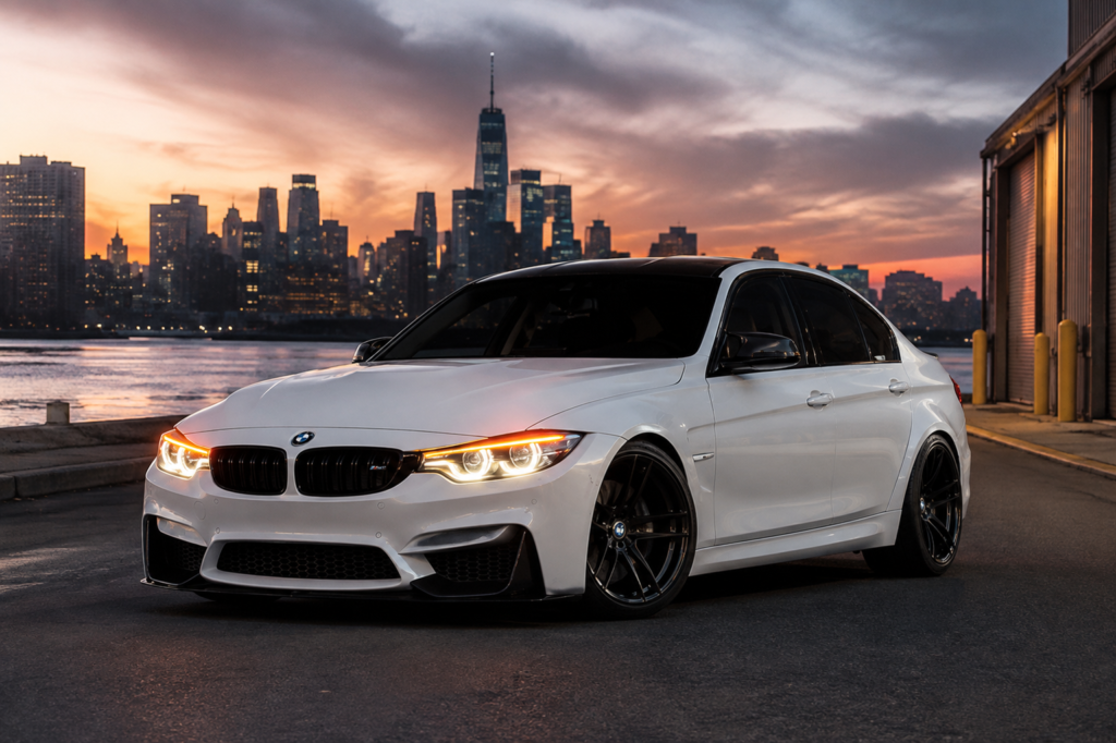 White BMW M3 front view with headlights on