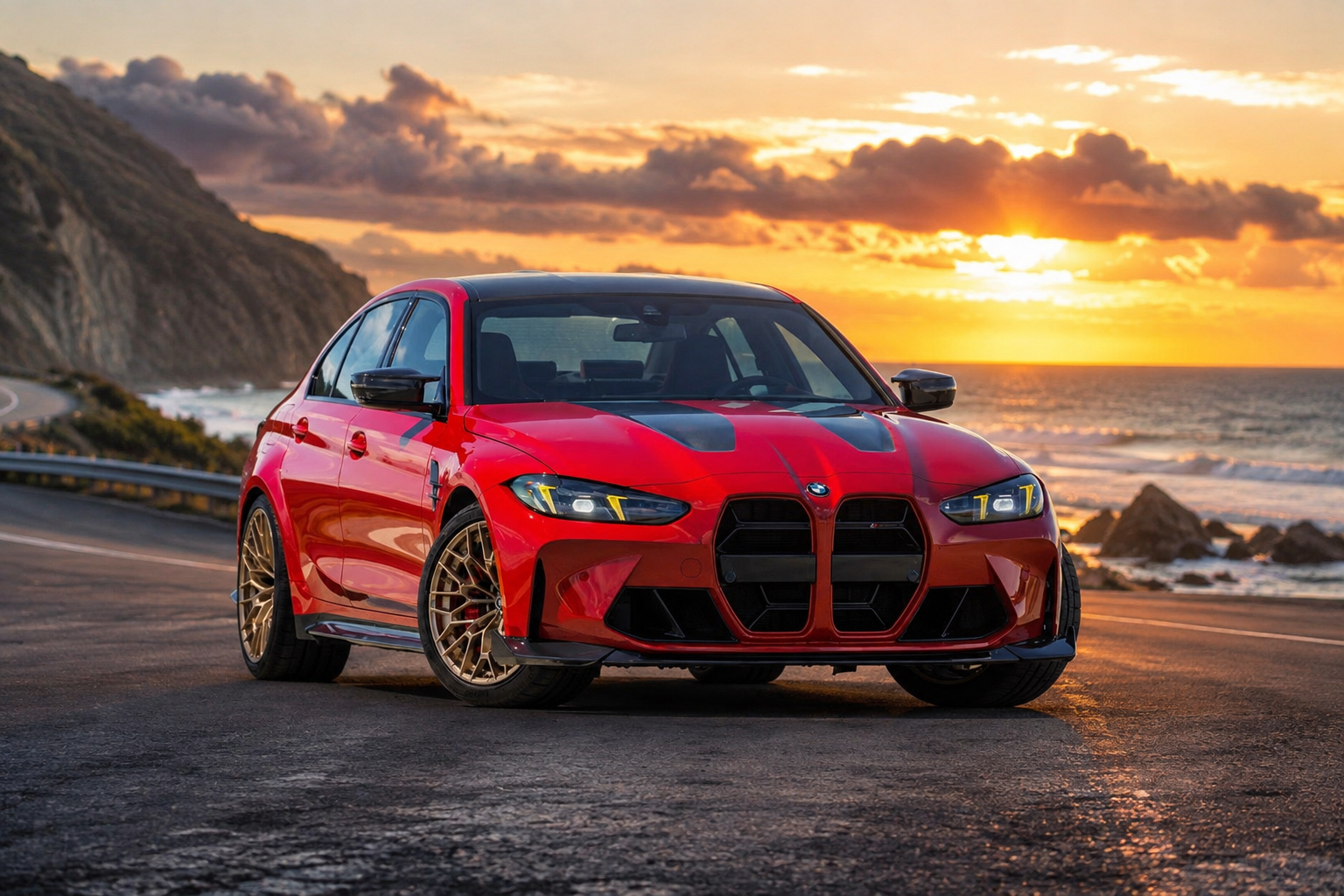Red BMW M3 on a scenic coastal road at sunset