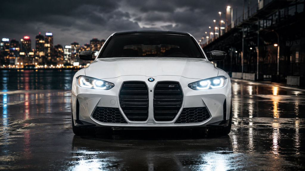 White BMW M3 front view with headlights on at night