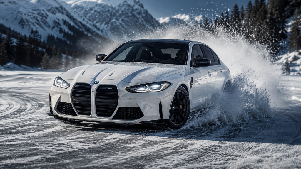White BMW M3 drifting on a snowy mountain road