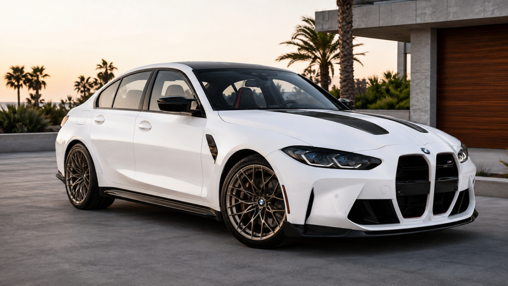 2026 BMW M3 in white with black accents and bronze wheels at sunset
