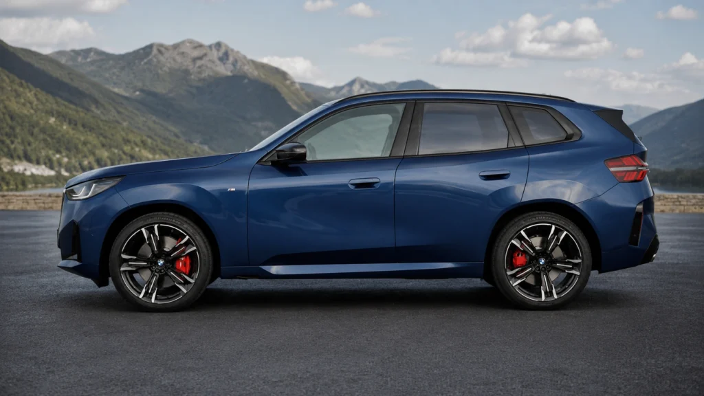 Dark Blue SUV Overlooking Mountain Peaks