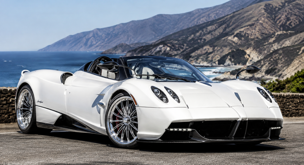 White Pagani Huayra Roadster parked on a scenic coastal road with ocean and mountain views.