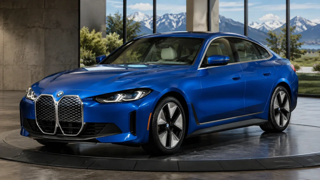 Blue BMW i4 electric sedan displayed in a modern showroom with mountain views.
